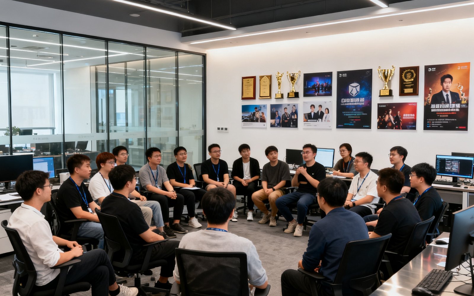 DB视讯杭州总部全体创作人员在现代化办公空间内进行项目头脑风暴会议，背景墙上展示着公司历年获得的行业奖项和代表性作品海报，120余人的团队充满创作活力。