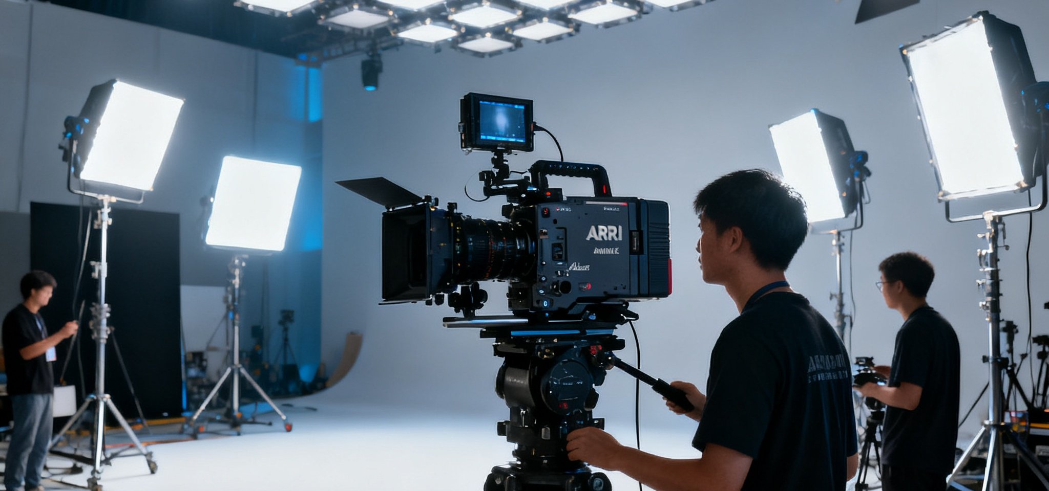 DB视讯4K电影级摄影团队在大型影棚内使用ARRI ALEXA Mini LF摄影机拍摄企业宣传片的现场工作场景，灯光组布置了完整的ARRI灯光矩阵，营造出电影级光影氛围。
