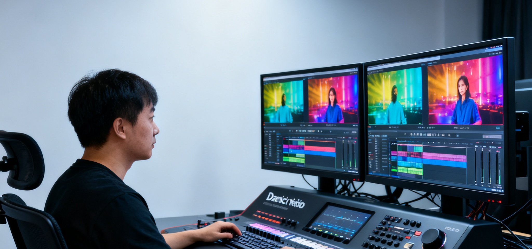 DB视讯杭州总部后期制作机房内，调色师正在使用DaVinci Resolve高级调色系统对广告片进行影视级色彩校正，三台专业监视器同步显示画面细节。