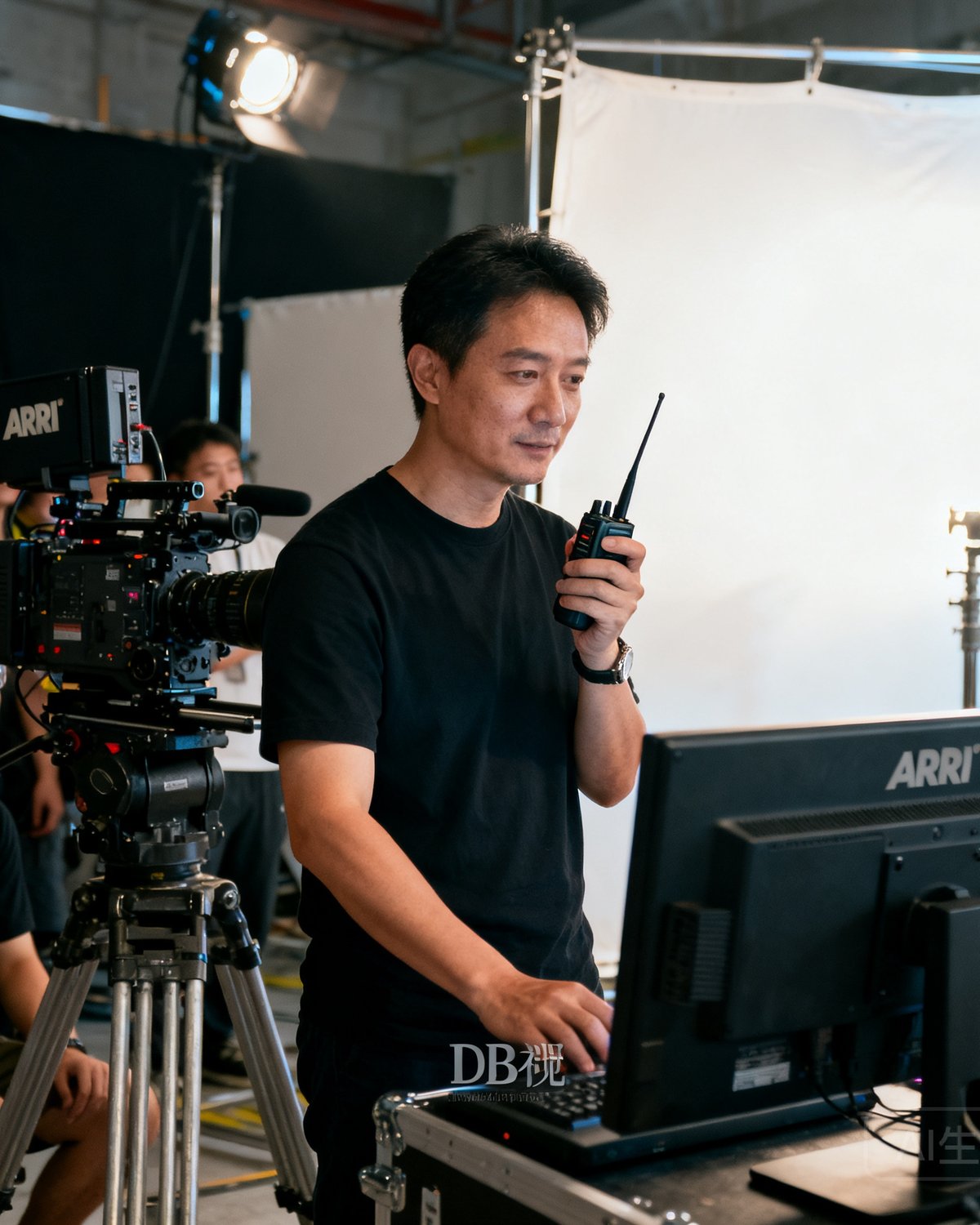 DB视讯联合创始人兼首席导演陈远航在片场指导拍摄，他手持对讲机站在监视器前，身后是正在布光的摄影团队和ARRI摄影机系统。